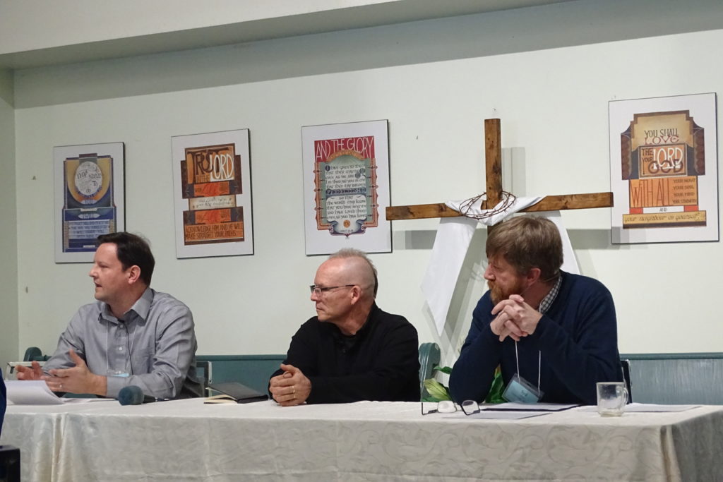 Our panel discussing the day's theme (l-r) - Aaron Helleman on the future in technology,  Jonathan Maracle on reconciliation of the native people and the church, Sid Ypma on the future of the church.
